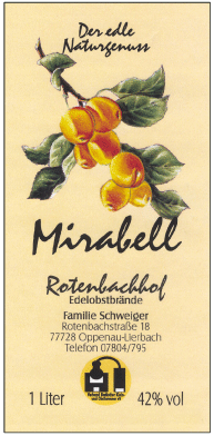 Rotenbachhof Edelobstbrände Mirabell 42 % Vol.- 1 Liter Deutschland Schwarzwald Obstbrand